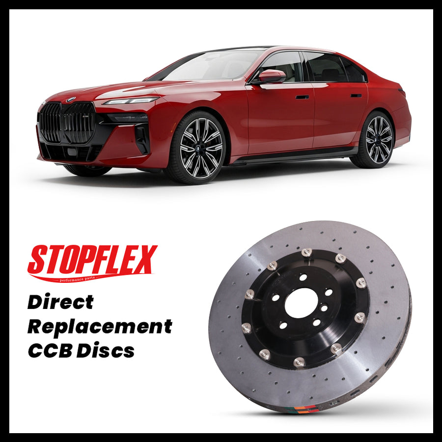 StopFlex carbon ceramic brake rotors and pads for 2024-2026+ BMW i7 M70 (G70), complete direct-replacement set on white background