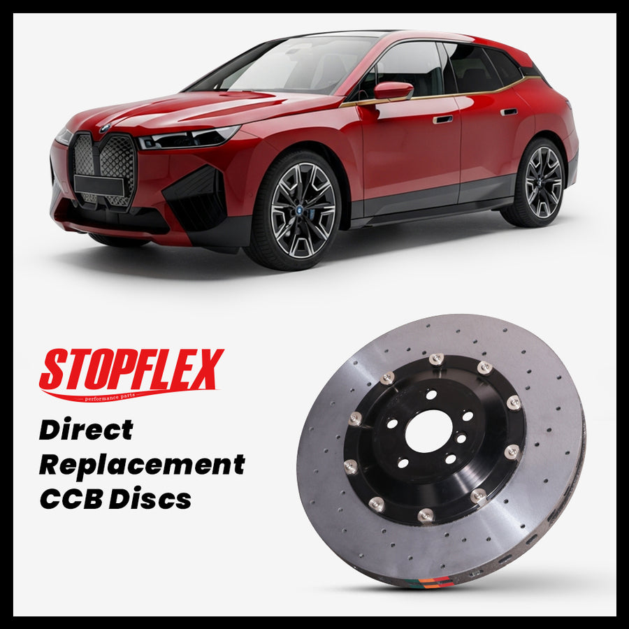 StopFlex carbon ceramic brake rotors and pads for 2022-2026+ BMW iX M60 / M70 (I20), complete direct-replacement set on white background