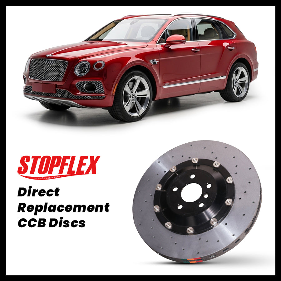 StopFlex carbon ceramic brake rotors and pads for 2016-2026+ Bentley Bentayga / S / Speed, complete direct-replacement set on white background