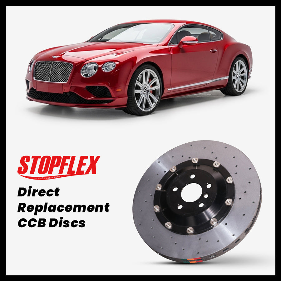 StopFlex carbon ceramic brake rotors and pads for 2010-2018 Bentley Continental GT / GTC (2nd Gen), complete direct-replacement set on white background