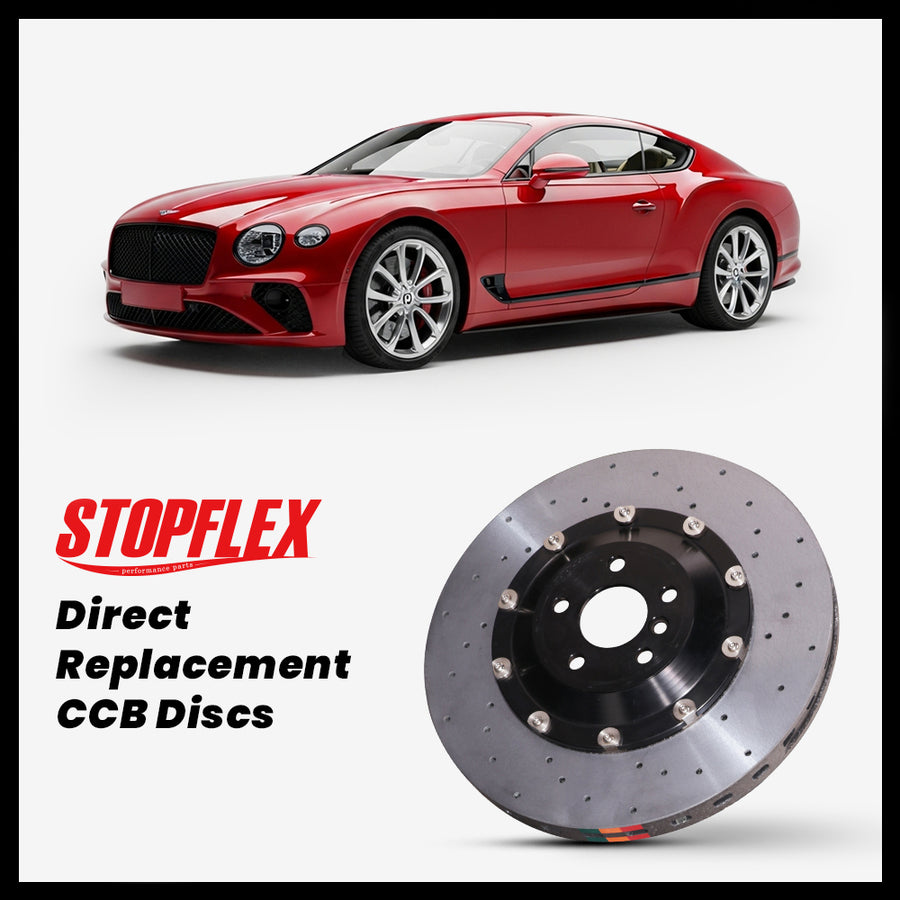 StopFlex carbon ceramic brake rotors and pads for 2018-2026+ Bentley Continental GT / GTC (3rd Gen), complete direct-replacement set on white background