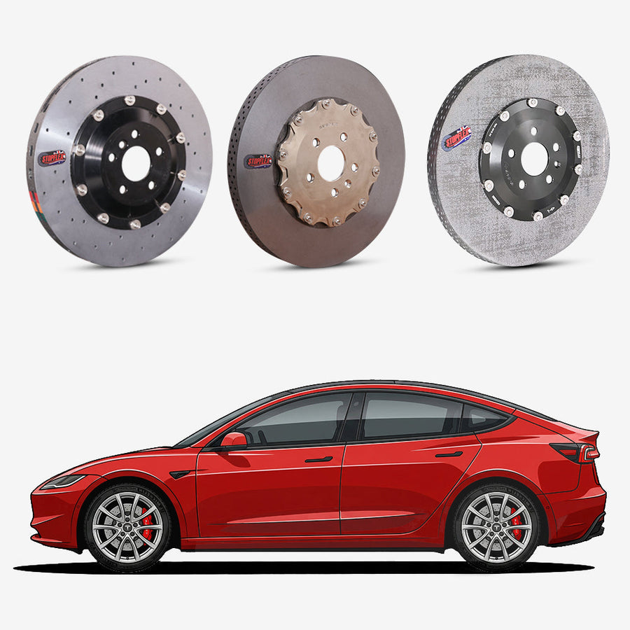 StopFlex continuous long-fiber carbon ceramic brake rotors upgrade for Tesla Model 3 Highland.