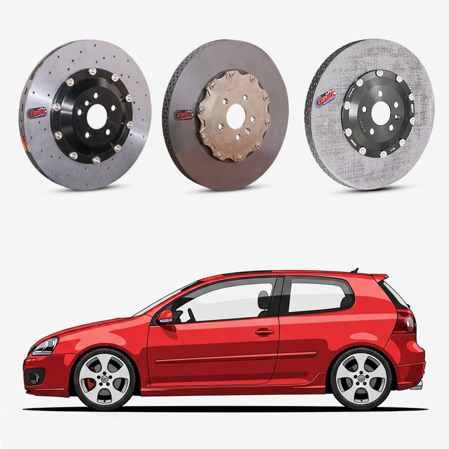 StopFlex continuous long-fiber carbon ceramic brake rotors upgrade for Volkswagen Golf GTI Mk5.