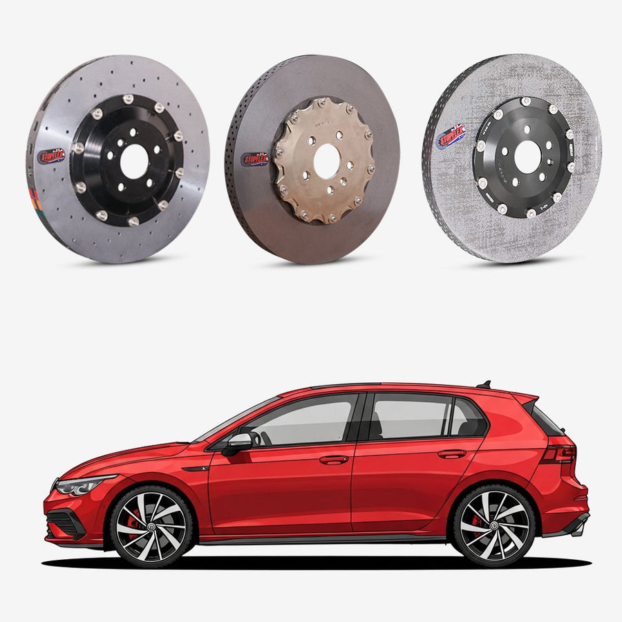 StopFlex continuous long-fiber carbon ceramic brake rotors upgrade for Volkswagen Golf R Mk8.