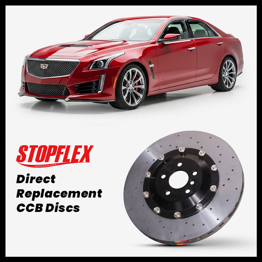 StopFlex carbon ceramic brake rotors and pads for 2014-2019 Cadillac CTS / CTS-V (3rd Gen), complete direct-replacement set on white background.