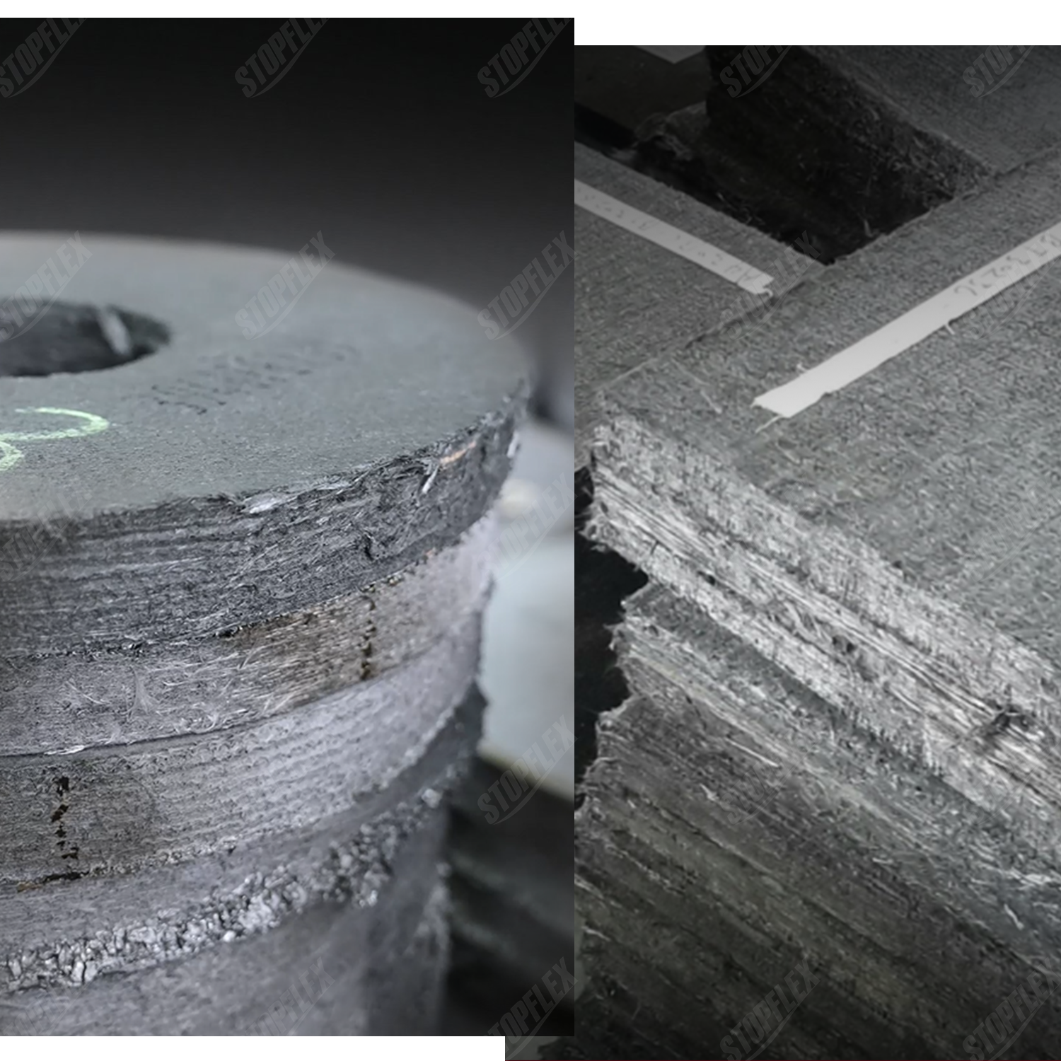 Layered carbon-fiber preform block before densification, built to control porosity and reinforcement structure.