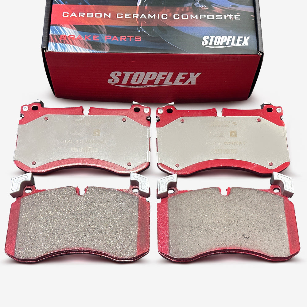 A set of STOPFLEX low-dust performance carbon ceramic brake pads for the Mercedes AMG G63 front wheel.