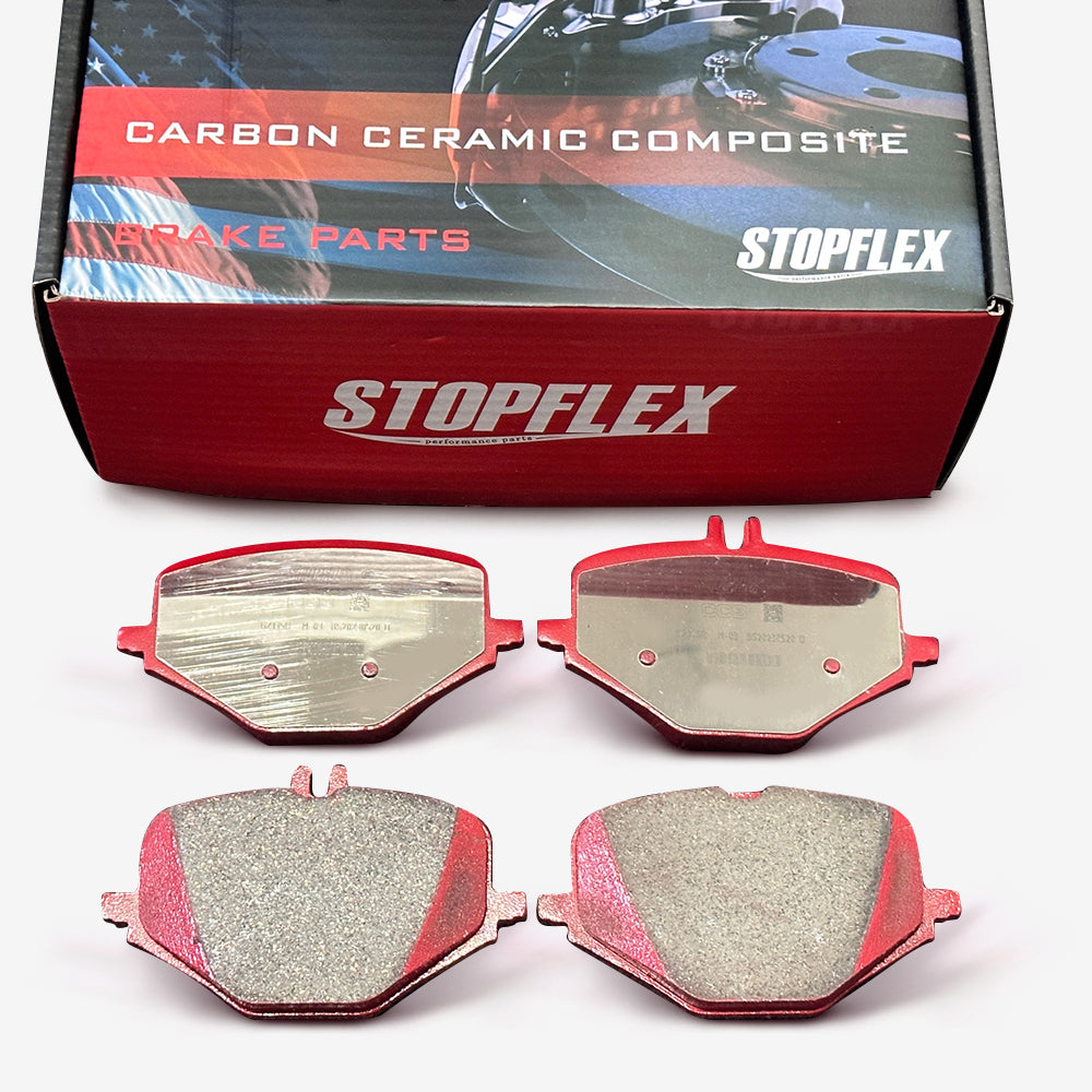 A set of STOPFLEX low-dust performance carbon ceramic brake pads for the Mercedes AMG G63 rear wheel.