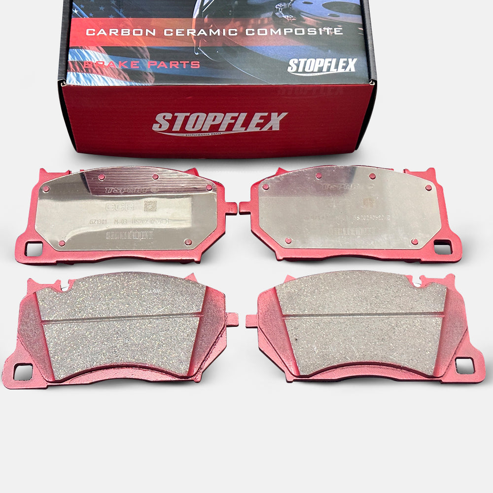 A set of STOPFLEX low-dust performance carbon ceramic brake pads for the Akebono 10N caliper.