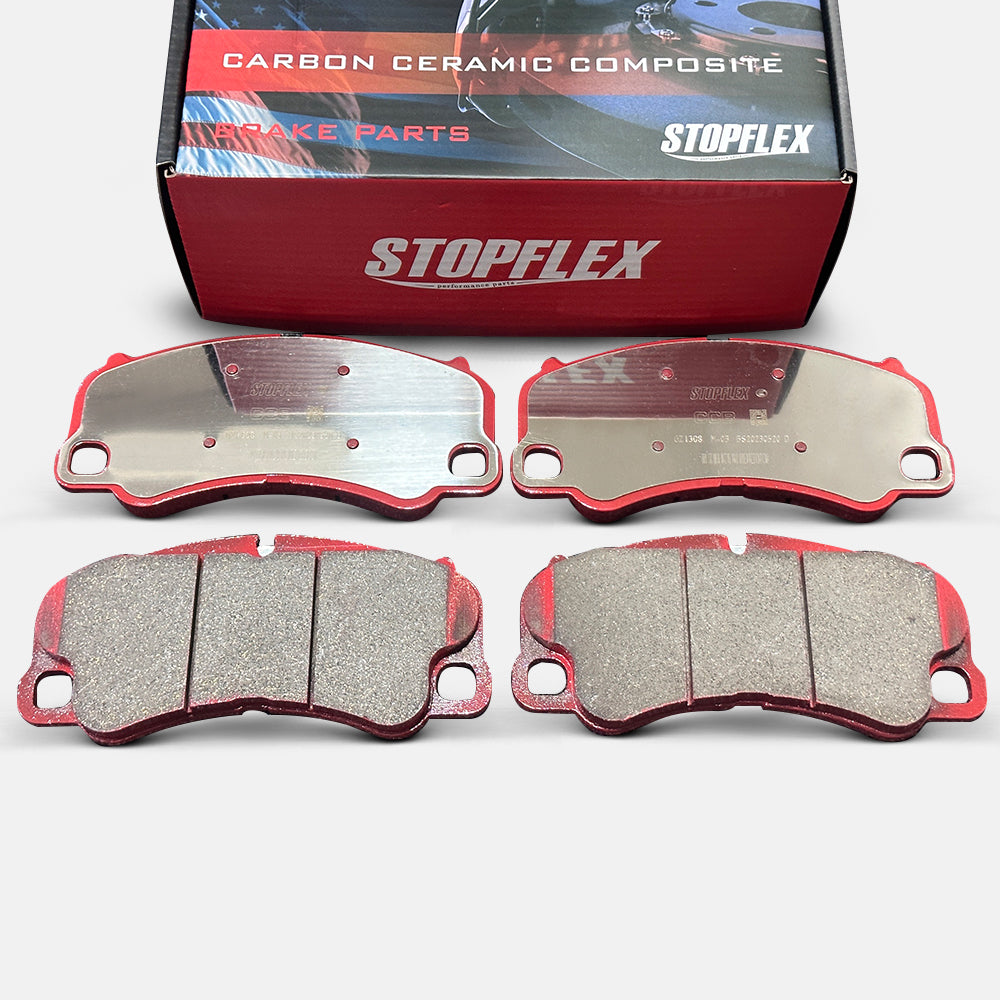 A set of STOPFLEX low-dust performance carbon ceramic brake pads for the Porsche OE front caliper.
