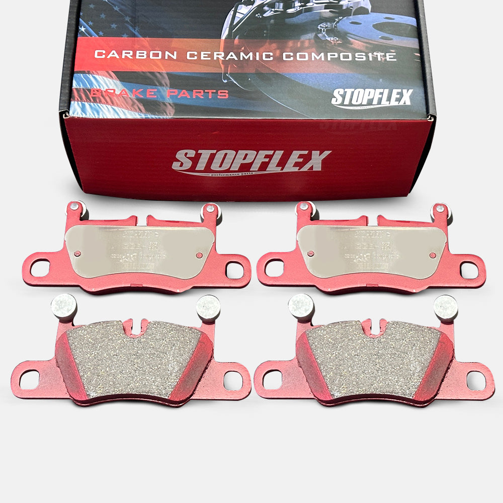 A set of STOPFLEX low-dust performance carbon ceramic brake pads for the Porsche OE rear caliper.