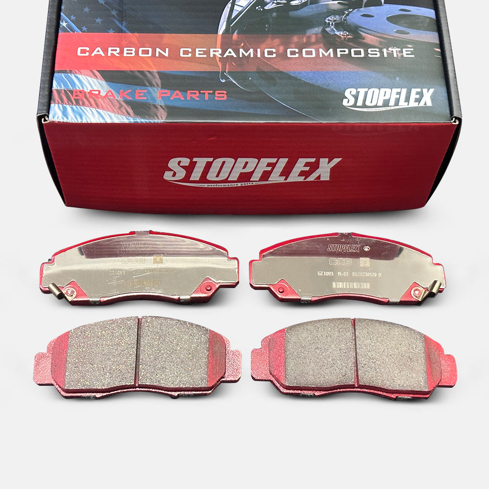 A set of STOPFLEX low-dust performance carbon ceramic brake pads for the SPOON caliper.