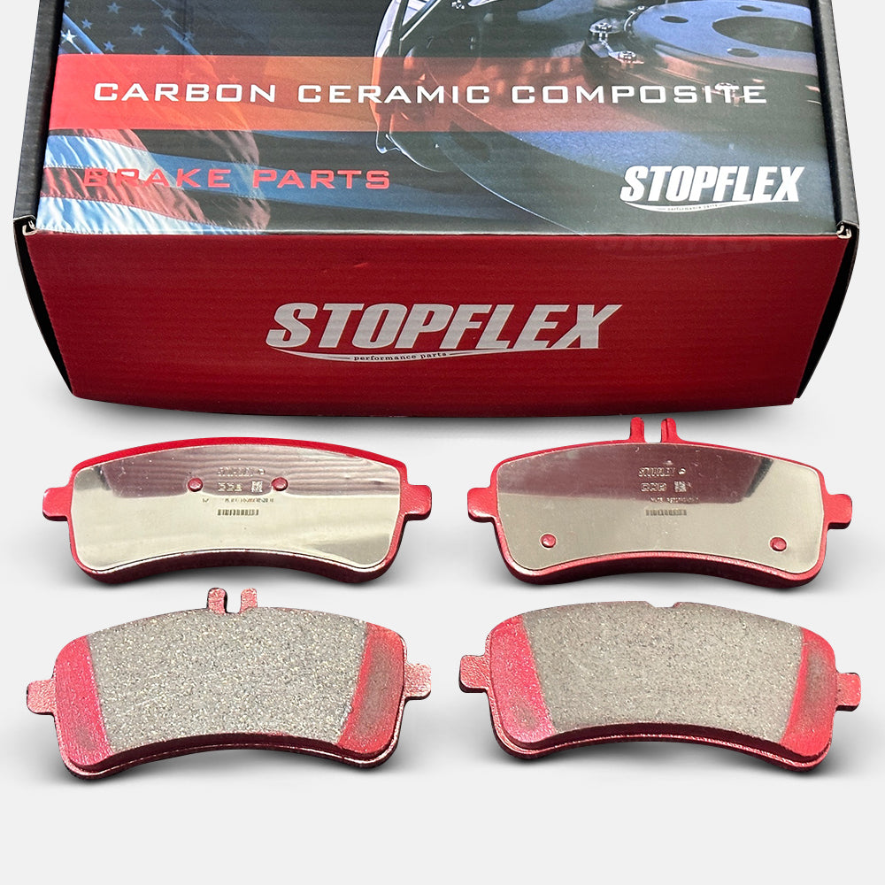 A set of STOPFLEX low-dust performance carbon ceramic brake pads for the Mercedes W205 rear wheel.