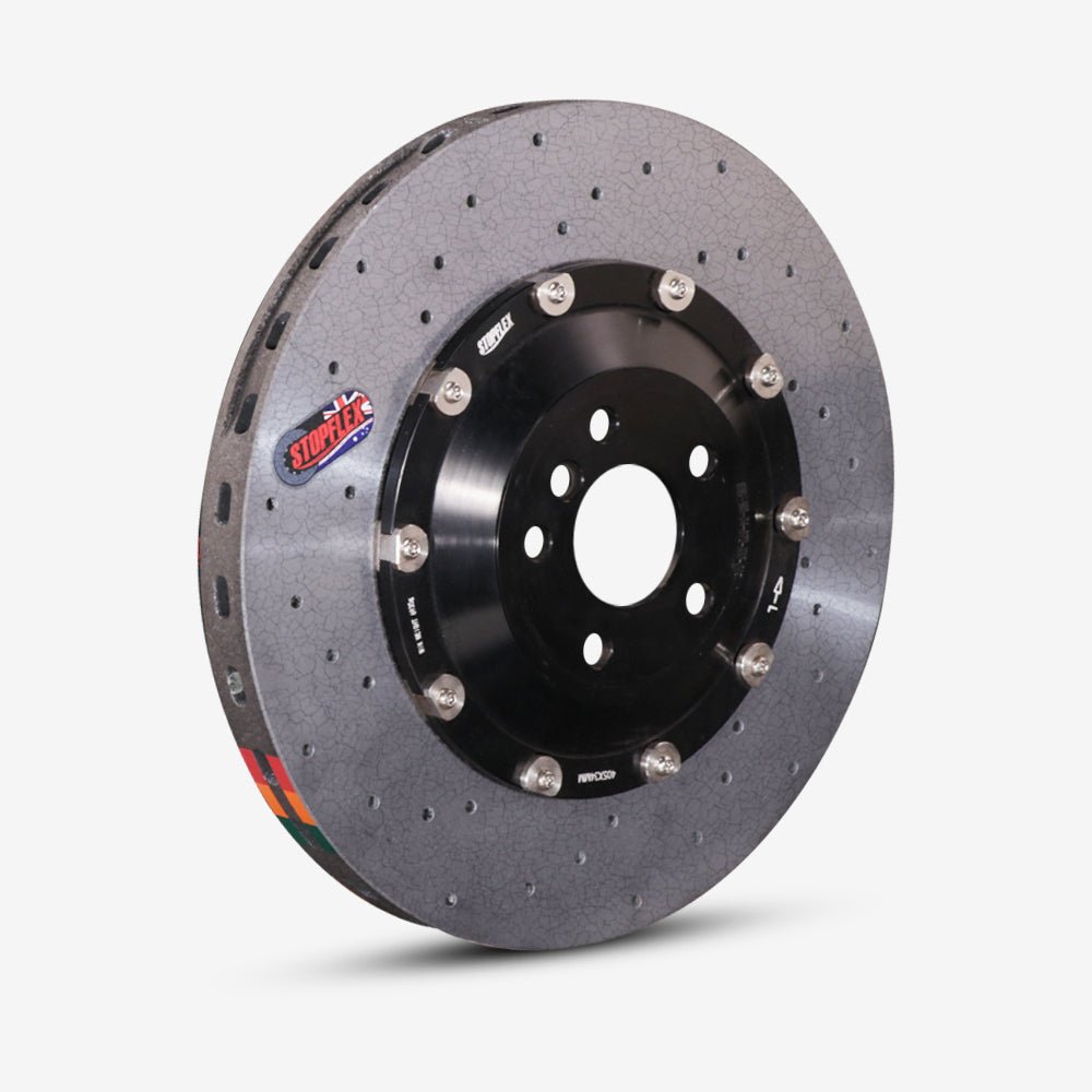 A STOPFLEX CCB rotor showing its aluminum floating hat, ventilated fins, and balancing of rotating masses.