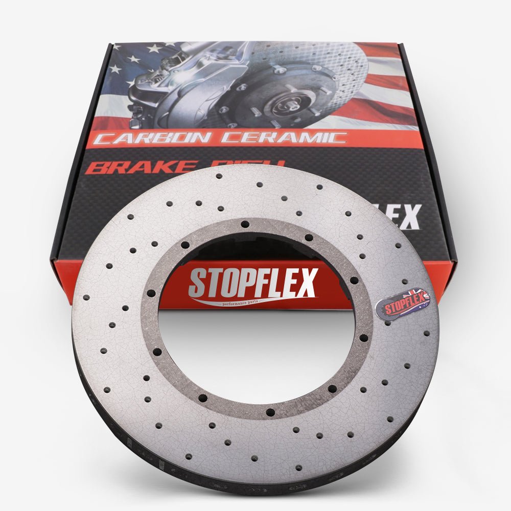 The complete STOPFLEX performance brake upgrade kit, including carbon rotors, pads, and mounting hardware.