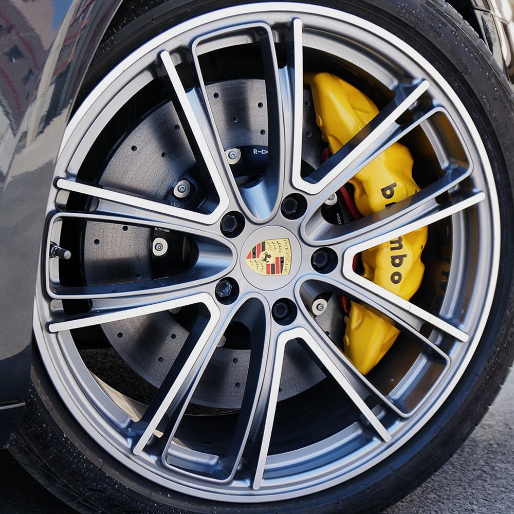 STOPFLEX carbon ceramic rotor installed on Porsche Panamera front wheel with a Brembo M8 8-pot brake caliper.