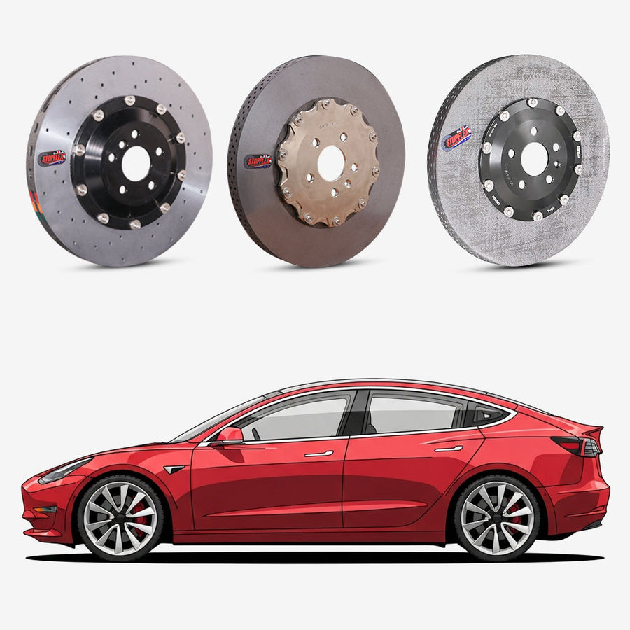 StopFlex continuous long-fiber carbon ceramic brake rotors upgrade for Tesla Model 3 Performance.