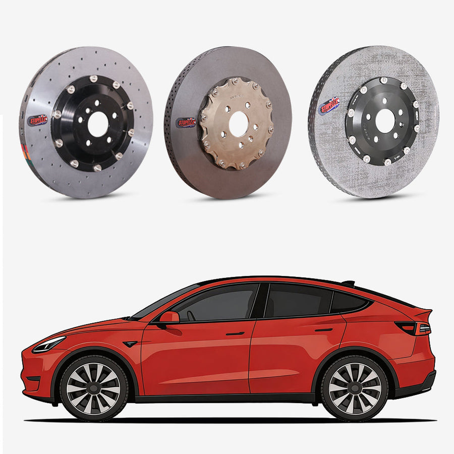 StopFlex continuous long-fiber carbon ceramic brake rotors upgrade for Tesla Model Y Highland.